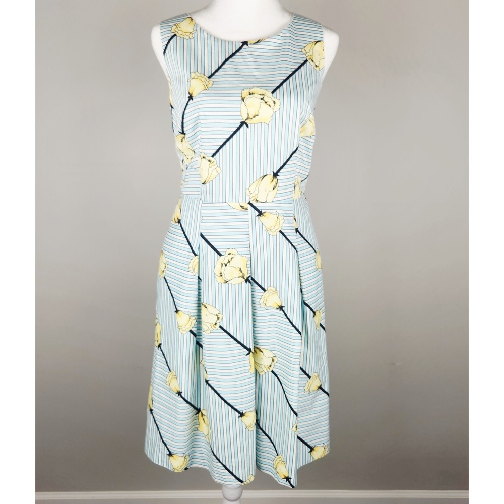 Talbots Petites Dress 6P Yellow Roses Light Blue Stripe Floral Garden Brunch